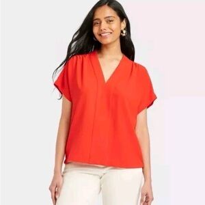 A New Day Women's Red-Orange V-Neck Short Sleeve Top size S